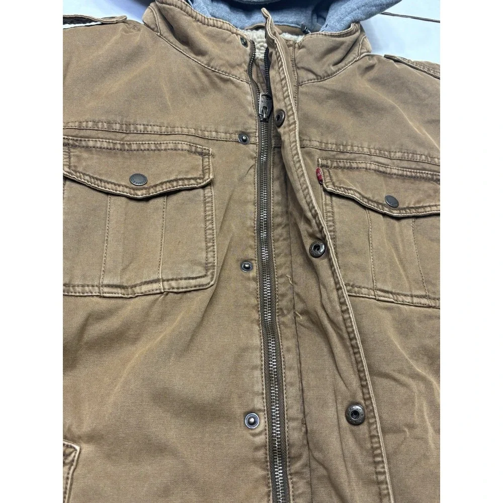 Levis‎ Sherpa Lined Work Jacket Mens L Brown Canvas Hooded Removable Liner